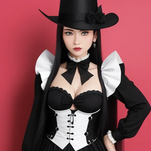 high quality pictures online - a woman in a black and white corset and hat posing for a picture with her hands on her hips, by Terada Katsuya