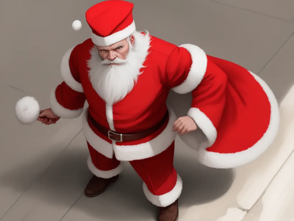 a man dressed as santa claus standing in a room with a wall and a ceiling fan in his hand, by theCHAMBA