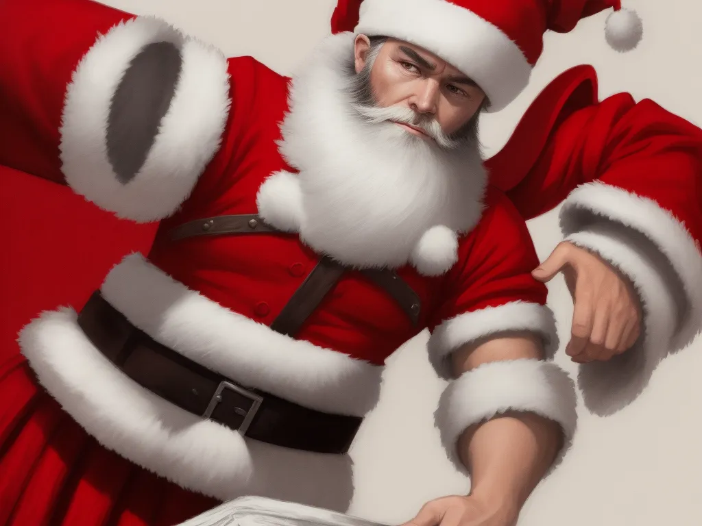 ai generated images from text - a painting of a santa clause holding a piece of paper and pointing at it with his hand and a smile on his face, by Lois van Baarle