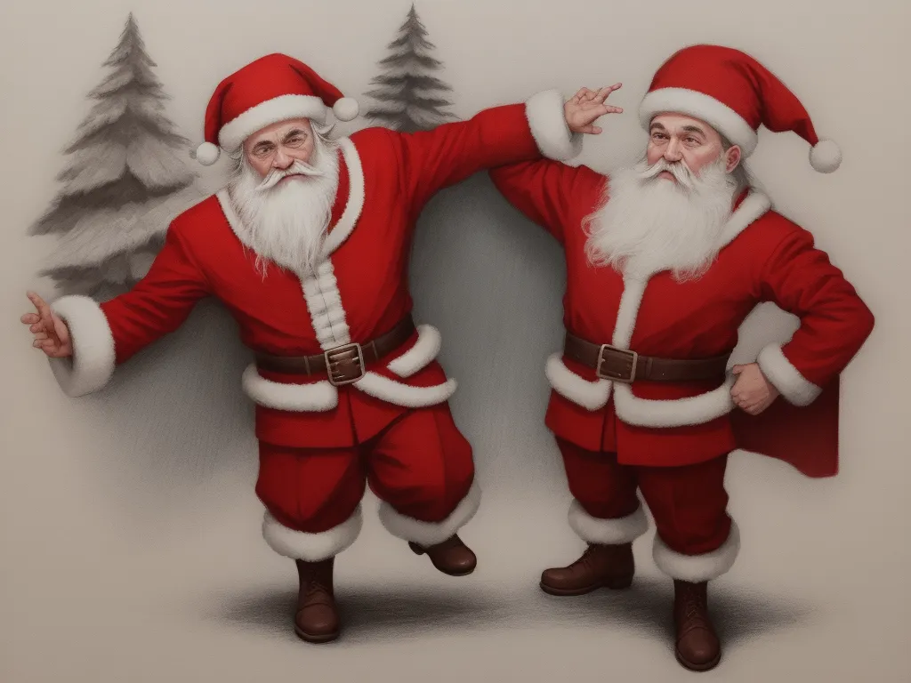 ai image upscaling - two santa clauss are standing in front of a christmas tree and pointing at something with their hands in the air, by Chris Van Allsburg