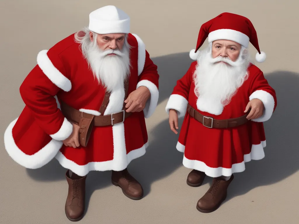 ai generated images from text - a couple of santa claus standing next to each other on a floor with a hat on and a beard, by Filip Hodas