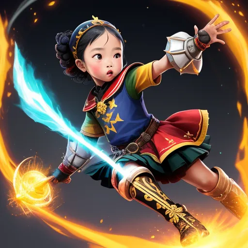 a cartoon girl in a colorful dress holding a sword and a ball of fire in her hand, with a black background, by Chen Daofu