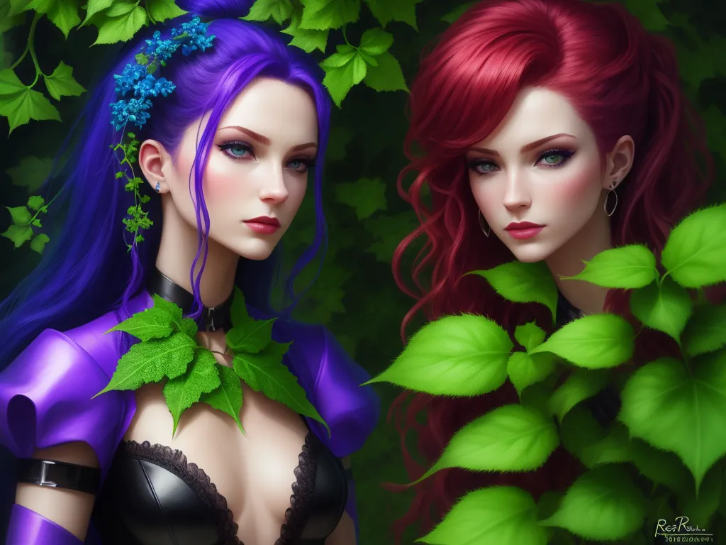 two beautiful women with purple hair and green leaves on their neck and chest, one with blue eyes and the other with red hair, by Sailor Moon