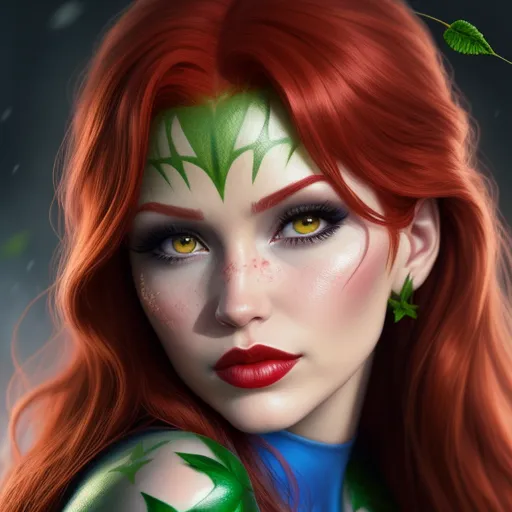 best ai text to image generator - a woman with red hair and green makeup is wearing a green leaf costume and has green leaves on her head, by Daniela Uhlig