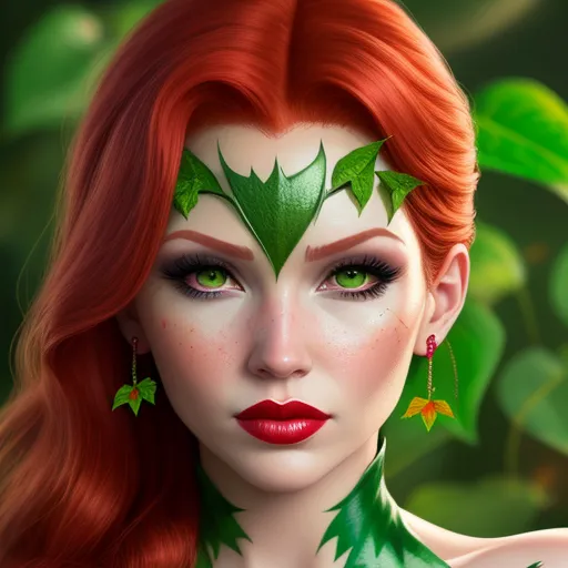 4k photo converter online - a woman with red hair and green leaves on her face and green leaves on her face and green leaves on her face, by Hanna-Barbera