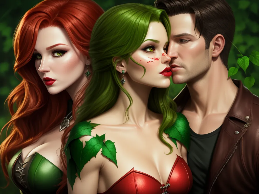 a couple of people that are standing together in front of a tree with leaves on it and one has green hair, by Lois van Baarle