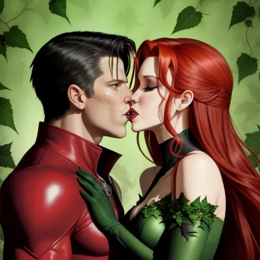 a couple of people that are kissing each other in front of leaves and ivys on a green background, by Ethan Van Sciver