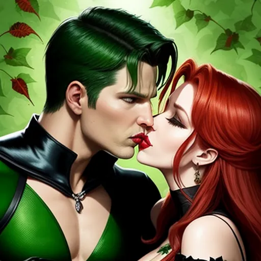 a couple of people that are kissing each other in front of leaves and plants on a green background with leaves, by Ethan Van Sciver