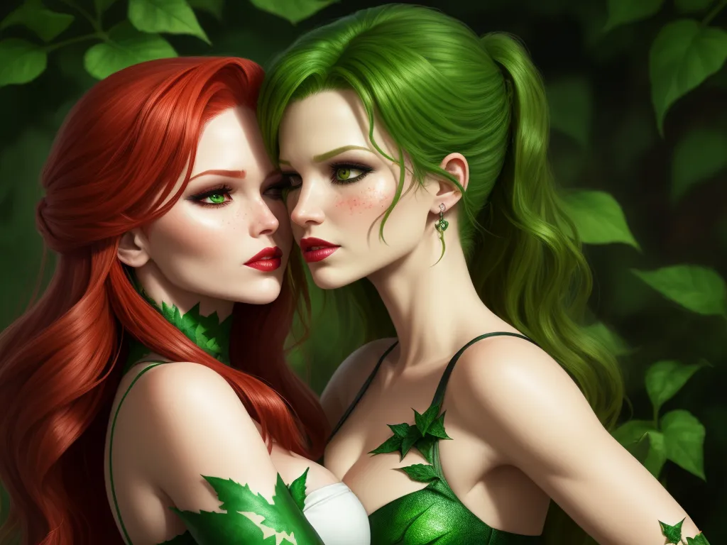 two beautiful women with green hair and green leaves on their bodies, one of them is hugging the other, by Daniela Uhlig