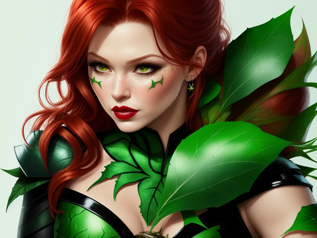 hd photo online - a woman with red hair and green leaves on her chest and chest, wearing a green costume with leaves on her chest, by Daniela Uhlig