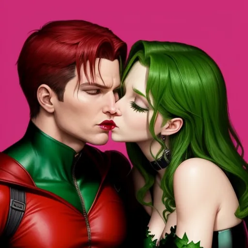 increase the resolution of an image - a couple of people that are kissing each other with green hair and red hair and green eyes and nose, by Terada Katsuya