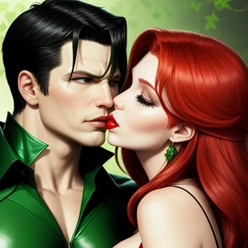 ai website that creates images - a man and woman kissing each other with red hair and green clothes on their backs, with a green background, by Hanna-Barbera