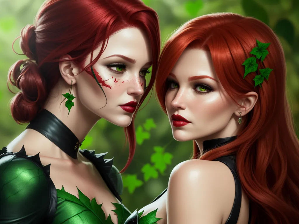 ai generated images from text - two beautiful women dressed in green and red with leaves on their hair and green leaves on their hair, one of them is wearing a green leaf, by Lois van Baarle