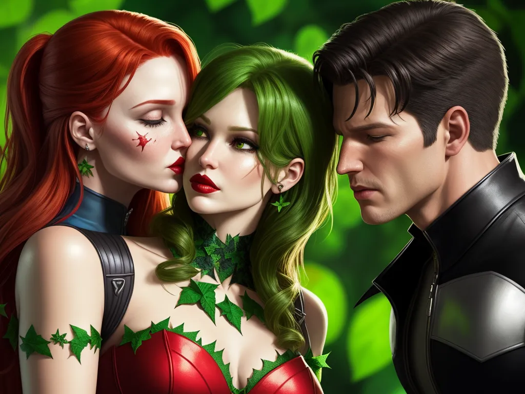 a couple of people that are standing together in front of leaves and plants, one of them is kissing the other, by Ethan Van Sciver