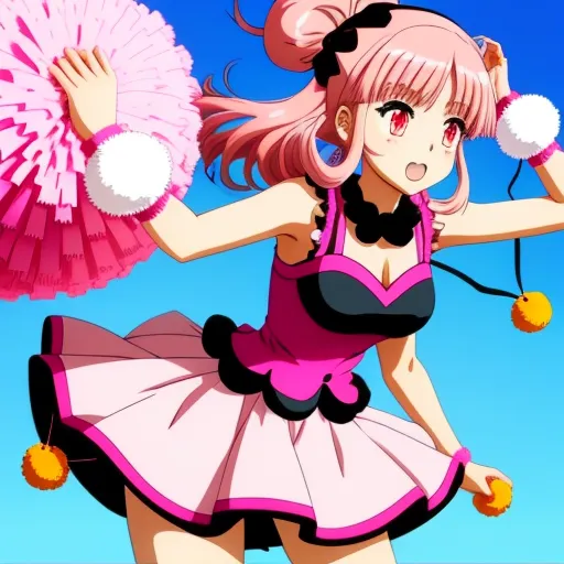 a woman in a pink dress holding a pink fan and a pink pom pom in her hand, by Toei Animations