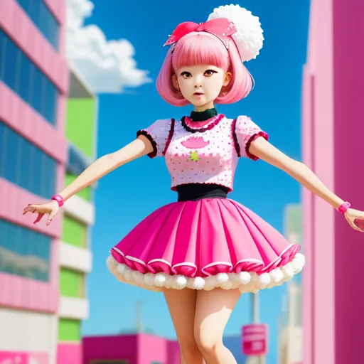 a doll is standing in a pink dress in a city setting with buildings and a pink sky in the background, by Toei Animations
