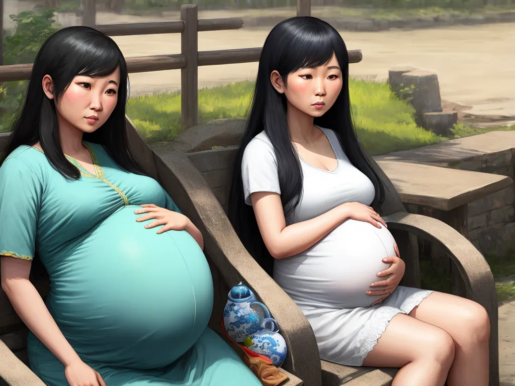 nsfw ai image generator - a pregnant woman sitting next to a pregnant woman on a bench in a park with a baby bump in her belly, by Studio Ghibli