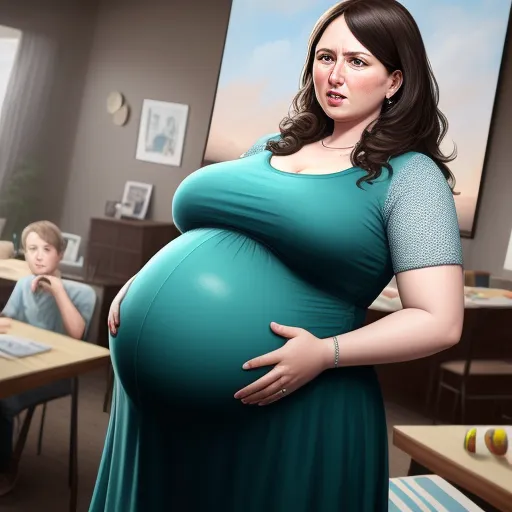 a pregnant woman in a green dress standing in front of a desk with a computer monitor and a boy sitting in a chair, by Emily Murray Paterson