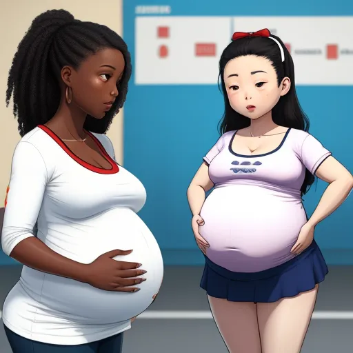a pregnant woman standing next to a pregnant woman in a room with a blue wall and a blue door, by Sailor Moon