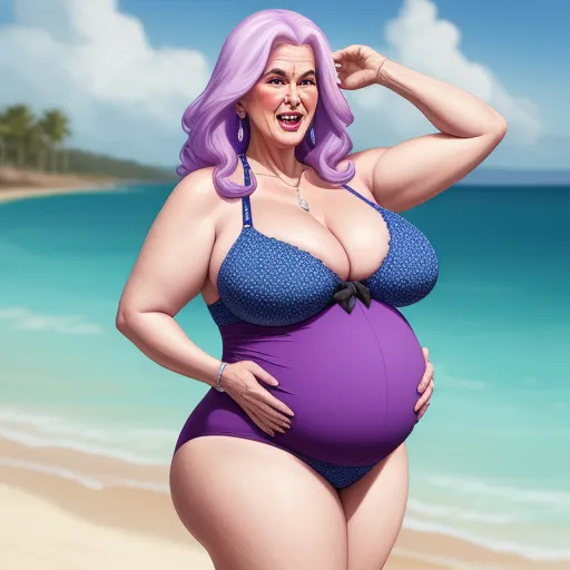 text to image ai generator - a woman in a purple bikini posing on the beach with her hand on her hip and her right hand on her hip, by Fernando Botero