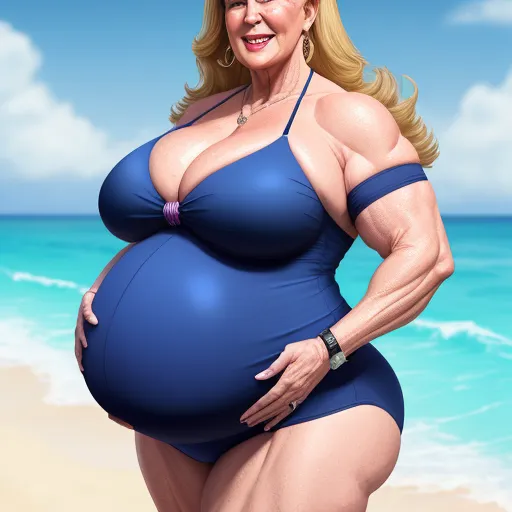 a woman in a blue bikini standing on a beach with a big belly and big breast on her stomach, by Fernando Botero