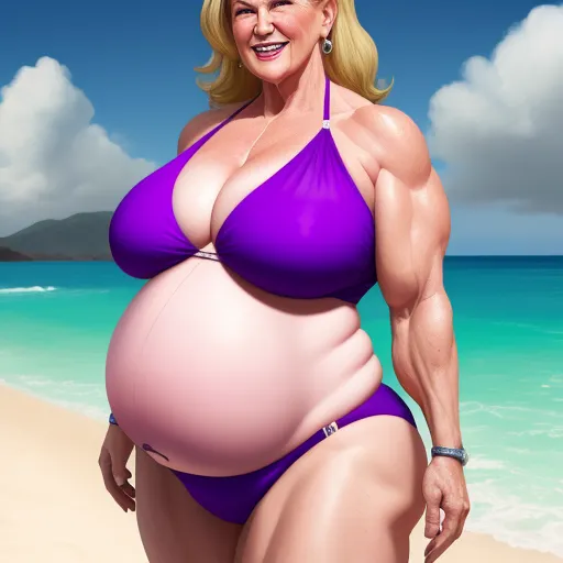 ai image generation - a woman in a purple bikini on a beach with a large belly and a big smile on her face, by Fernando Botero