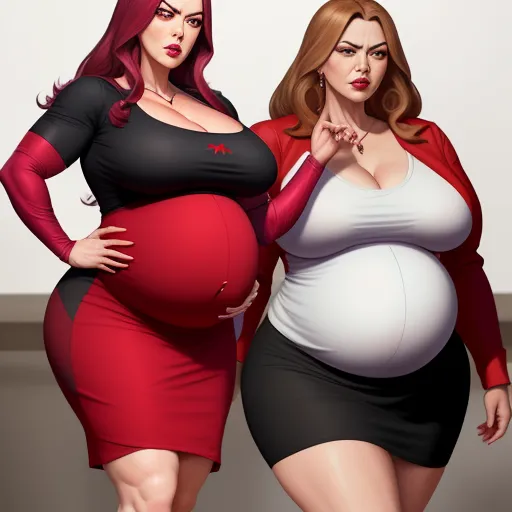 text to ai image generator - a pregnant woman standing next to a pregnant woman in a dress and heels, both of them are wearing red and black, by Hanna-Barbera