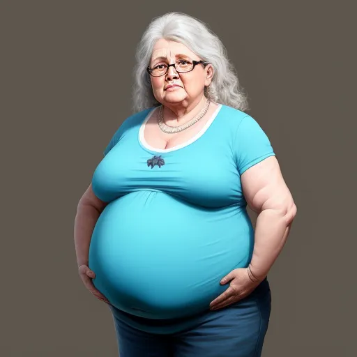 how to make photos high resolution - a woman with glasses and a blue shirt is standing in front of a gray background and has her belly up, by Fernando Botero