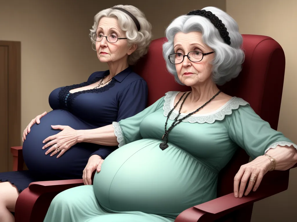 ai images generator - a pregnant woman sitting next to a pregnant woman in a red chair with a blue dress on her stomach, by Raphaelle Peale