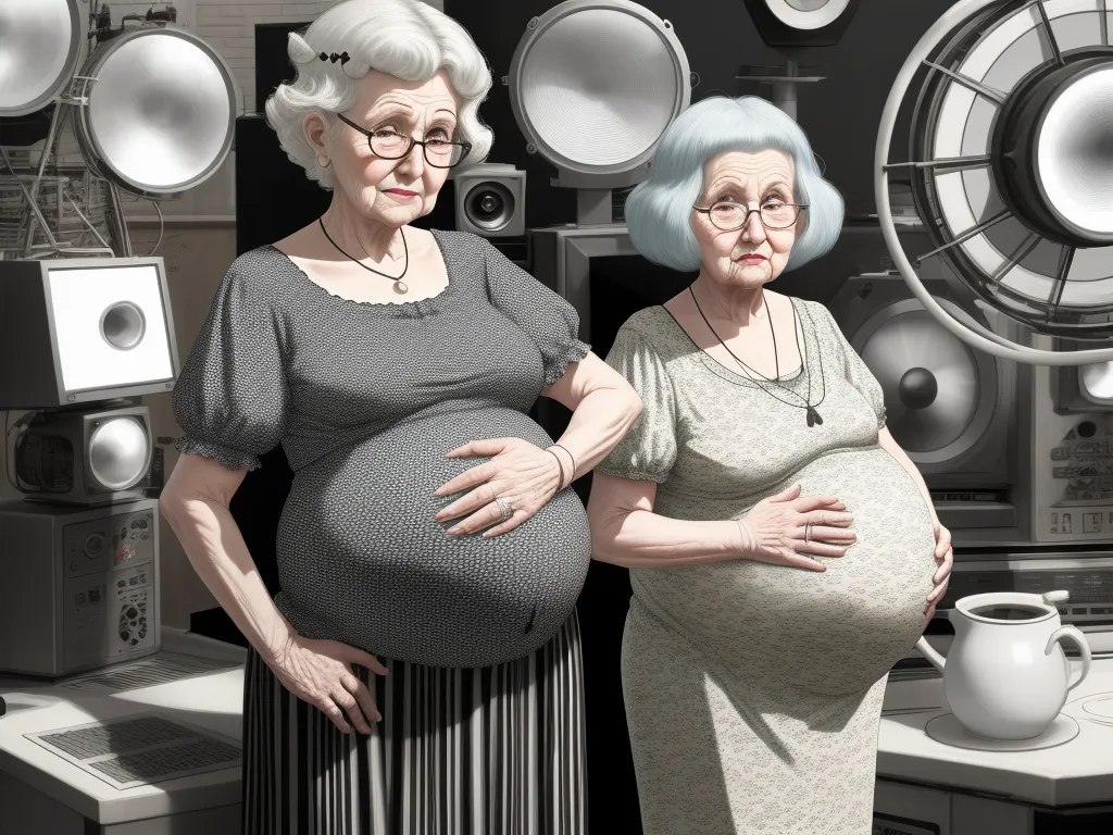 best ai photo editor - a pregnant woman standing next to a pregnant woman in front of speakers and a table with a cup of coffee, by Chris Ware