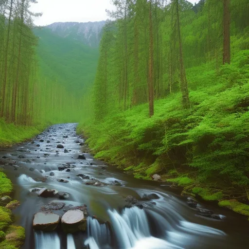 a stream running through a lush green forest filled with trees and rocks in the middle of a forest filled with tall trees, by Yoshiyuki Tomino