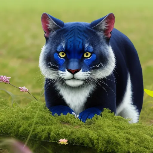 a blue and white cat with yellow eyes is walking through the grass and flowers in the background is a pink flower, by David Young Cameron