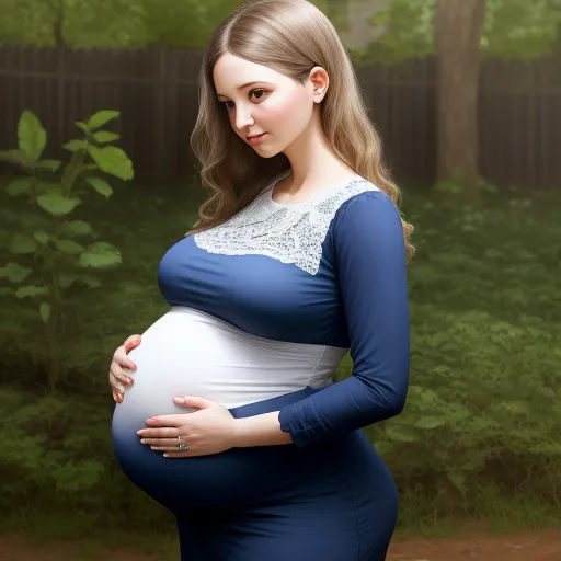 a pregnant woman in a blue dress poses for a picture in a forest with a white lace collared top, by Junji Ito
