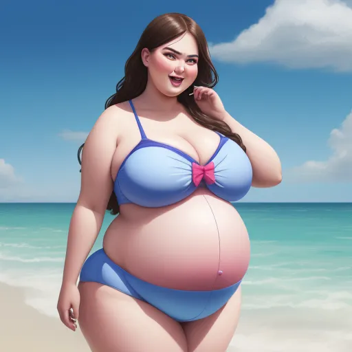 upscale images - a pregnant woman in a blue bikini on the beach with a sky background and clouds in the sky above her, by Fernando Botero