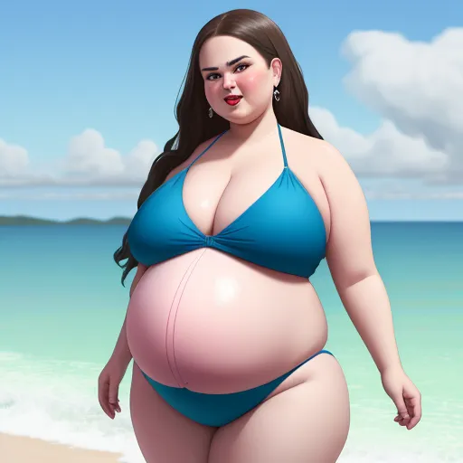 translate image online - a pregnant woman in a blue bikini on the beach with a sky background and a blue sky with clouds, by Botero