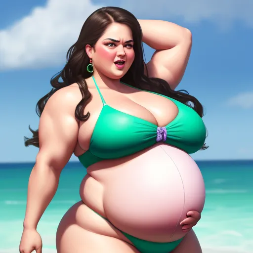 image size converter - a woman in a green bikini standing on a beach with a large belly and big breast, with a blue sky in the background, by Lois van Baarle