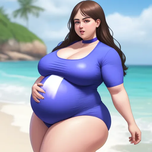 pixel to inches conversion - a pregnant woman in a blue swimsuit on the beach with a blue sky and ocean in the background, by Botero