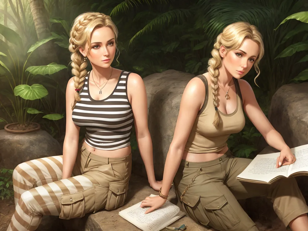 4k quality converter - two women sitting on a rock with a book in their hands and a book in their lap, both of them are wearing striped shirts and pants, by Lois van Baarle