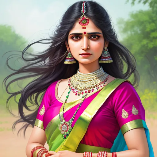 ai-generated images from text - a woman in a pink and green sari with a green and blue sari on her shoulder and a green and blue sari on her shoulder, by Raja Ravi Varma