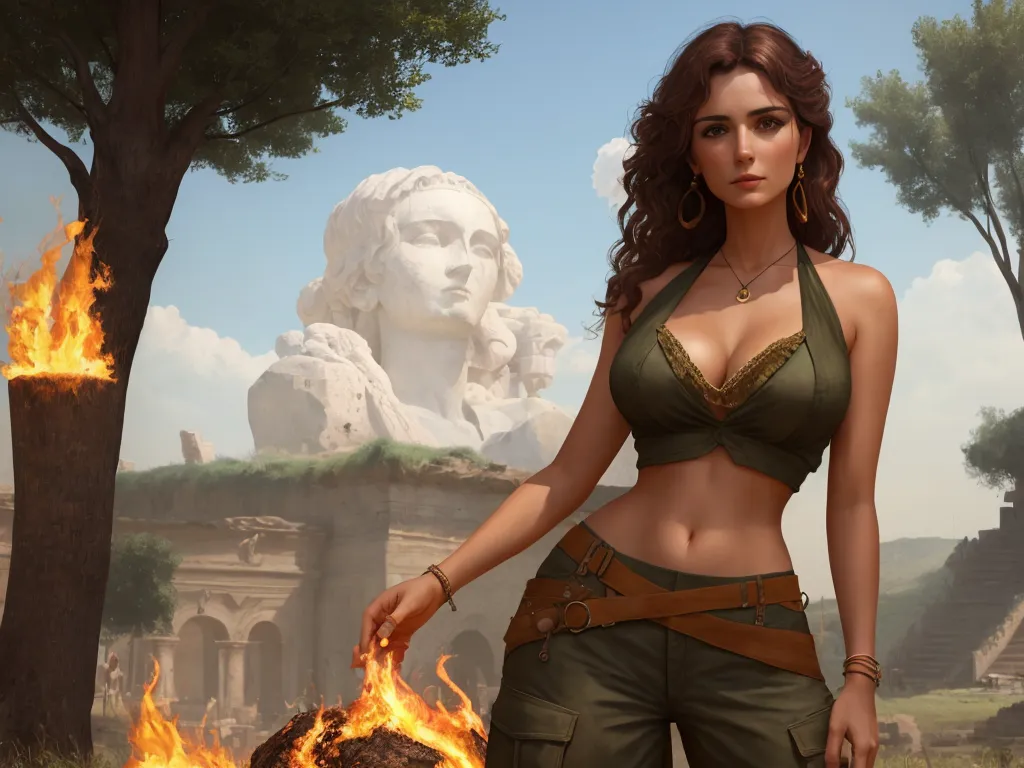 a woman in a bikini standing in front of a fire pit with a statue in the background and a statue of a lion behind her, by Antonio de la Gandara