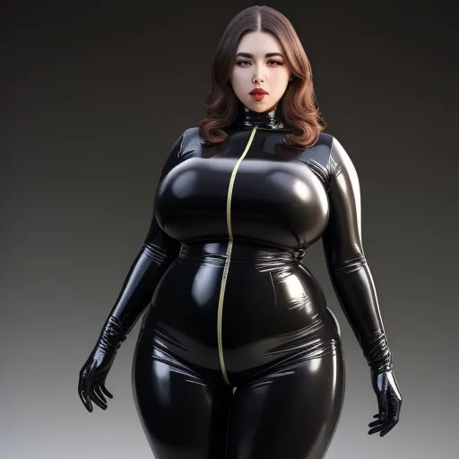 4k picture resolution converter - a woman in a black latex outfit with a gold zipper on her chest and a black top with a gold zipper, by Terada Katsuya