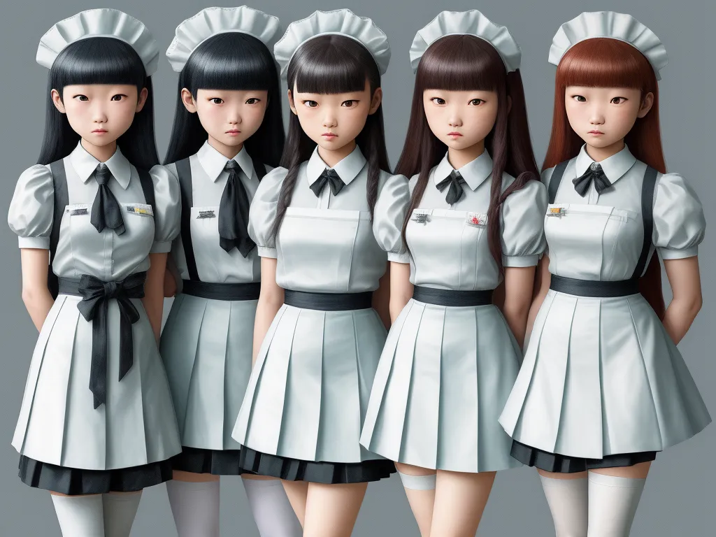 hd images - a group of women in uniforms standing next to each other in front of a gray background with a black ribbon, by Terada Katsuya