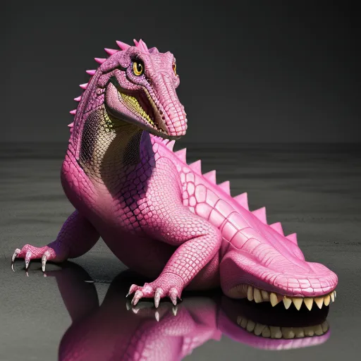 how to make photos high resolution - a pink toy alligator sitting on a reflective surface with its mouth open and teeth wide open, with its mouth wide open, by Billie Waters