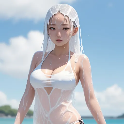 text to.image ai - a woman in a white dress with a veil on her head and a body covered in water on a beach, by Terada Katsuya