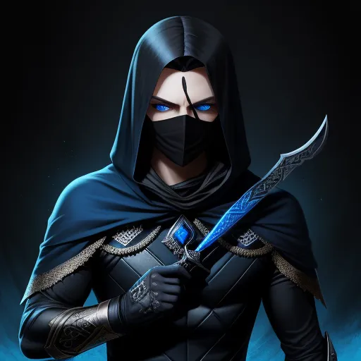 a man in a black outfit holding a blue sword and wearing a black mask and a black cape with a blue eye, by Cyril Rolando
