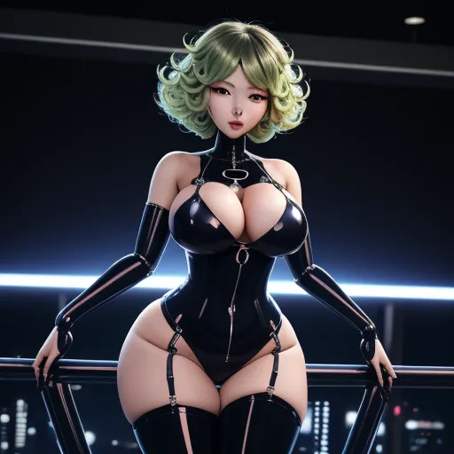 change picture resolution - a very sexy woman in a black outfit with a big breast and a tight body with a harness on, by Terada Katsuya