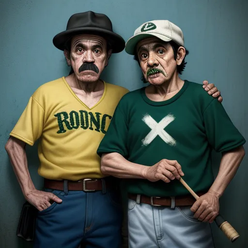 make picture higher resolution - two men with fake mustaches and hats on their heads are posing for a picture together, one of them is holding a baseball bat, by OSGEMEOS