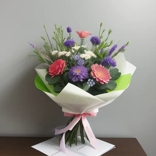 ai text to image generator - a bouquet of flowers is wrapped in white paper and tied with a pink ribbon on a table top with a gray wall, by George Lambourn