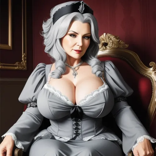 increasing photo resolution - a woman in a grey dress sitting on a chair with a big breast and a tiara on her head, by Botero