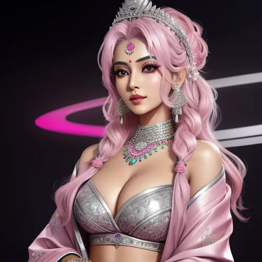 a very pretty lady with pink hair and a tiara on her head and breast wearing a silver dress, by Chen Daofu